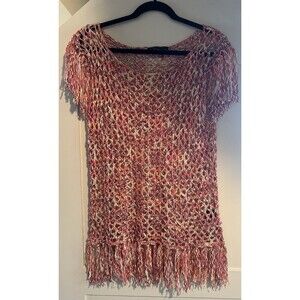 🖤BCBG MaxAzria Crochet Fringe Top Open Knit Mesh Multicolor Short Sleeve Sz L
